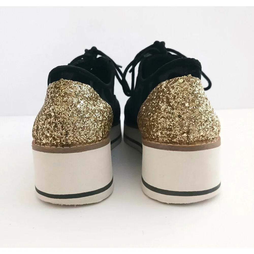 Betsey Johnson Winnie Platform Lace Up Oxford Blk Suede/Mesh Gold Sequin Heart